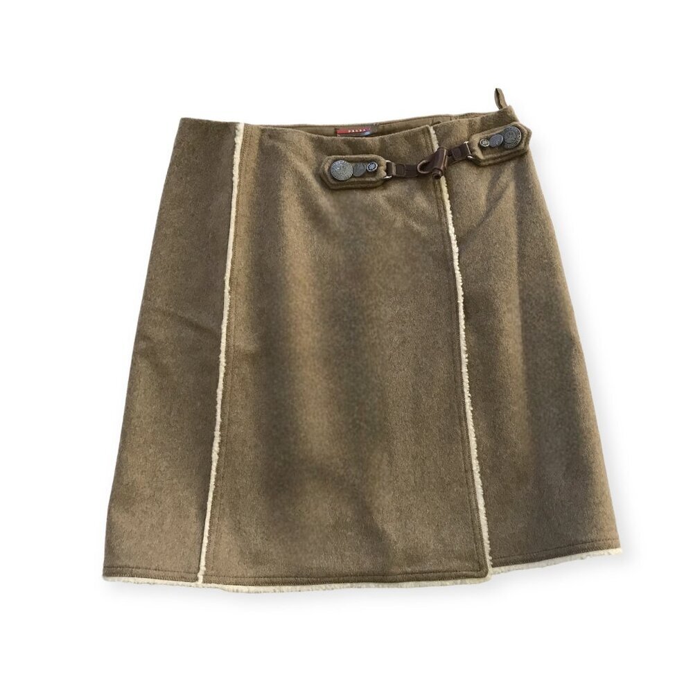Prada FW2006 Wool Wrap Skirt Shearling Trim Toggle IT44 Made in Italy